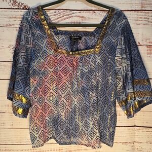 Geometric BOHO Metallic‎ Shimmering Women's Blouse XS Square Neck 3/4 Sleeve